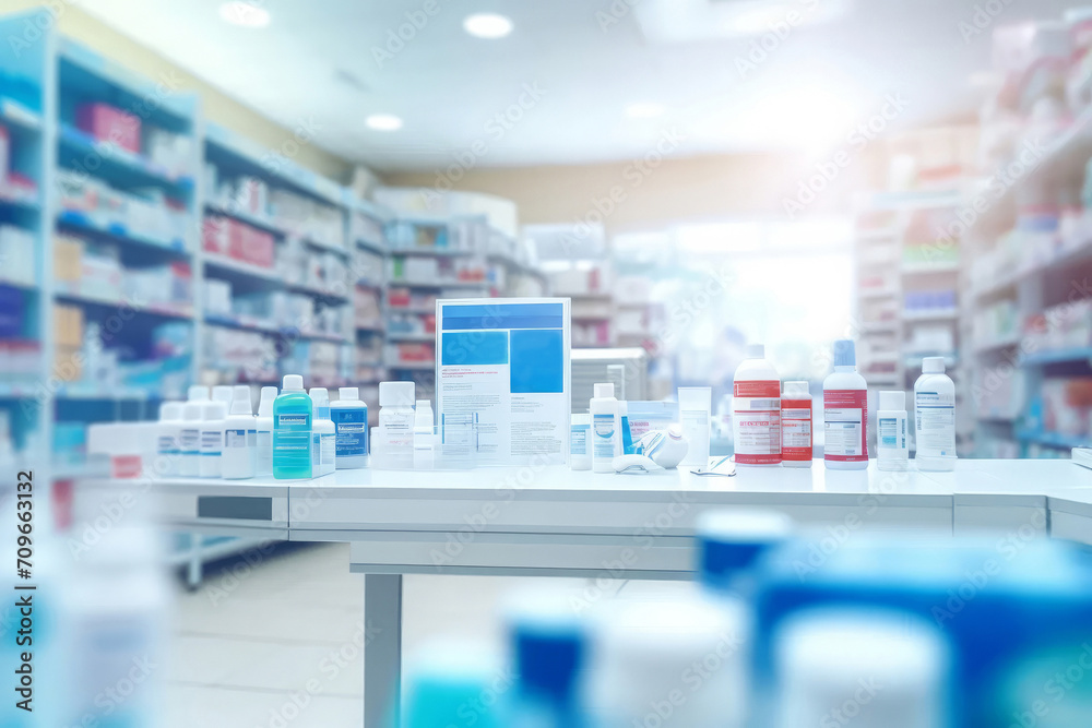 Pharmacy store blurred background without people. AI generative