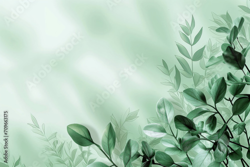 Light green background with delicate light leaves designs, soft tones, space for text.