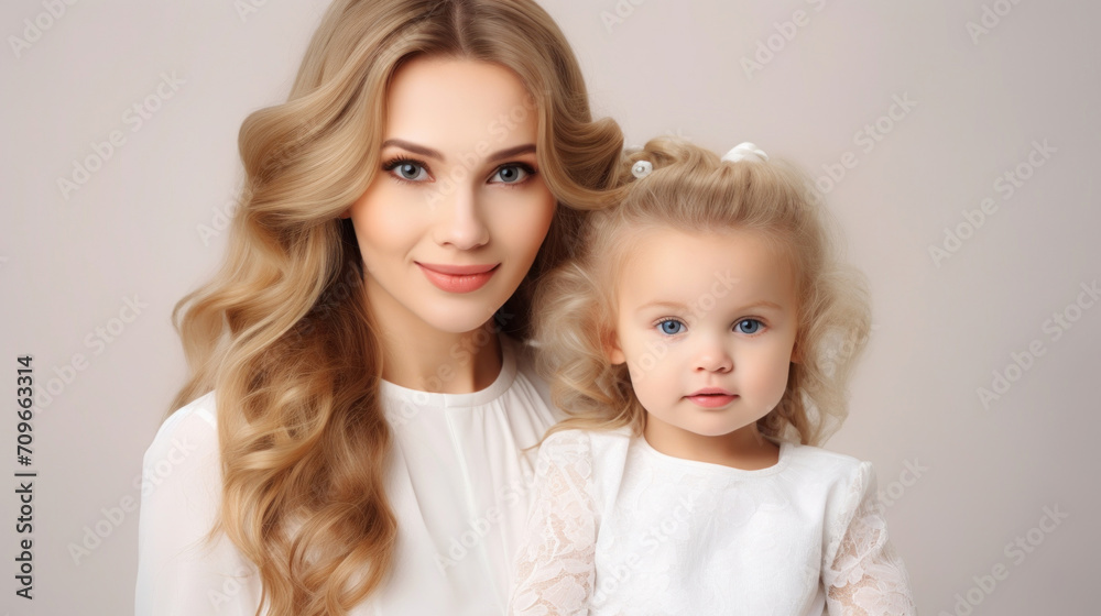 A beautiful portrait of a smiling mother with her young child, both dressed in elegant white. A beautiful portrait of a smiling mother with her young child, both dressed in elegant white.