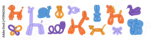 Different animals balloons set. Inflatable toys with shape of funny pets. Rubber figures of dog, giraffe, horse, snake for kids. Birthday party decor. Flat isolated vector illustration on white