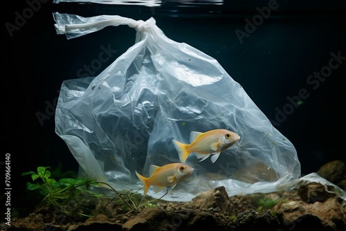 An image of a plastic bag turned into an aquarium, featuring fish. Generative AI photo