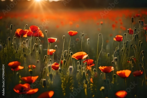 Poppies an daisy flowers on the summer wheat field sunset