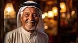 Portrait of a smiling elderly man wearing traditional Middle Eastern attire in a warm indoor setting.