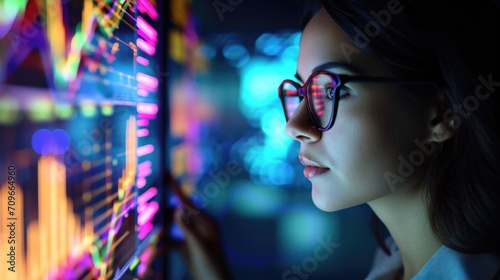 businesswoman looks at a large screen with charts. Face in focus with good sharpness and highly detailed, neon colors, futuristic style