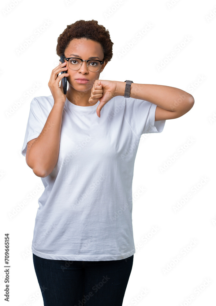 Young african american woman talking on the phone over isolated background with angry face, negative sign showing dislike with thumbs down, rejection concept Young african american woman talking on the phone over isolated background with angry face, negative sign showing dislike with thumbs down, rejection concept
