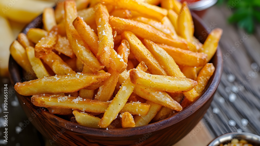 Crispy Golden French Fries in Wooden Bowl Closeup Crispy Golden French Fries in Wooden Bowl Closeup