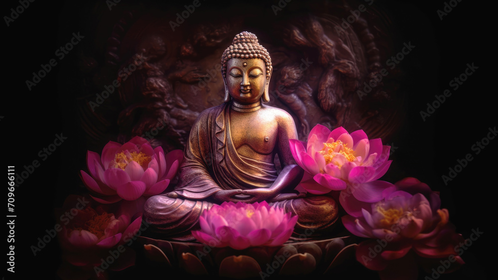 Buddha surrounded by lotus flowers. Leisure and relaxation meditation concept.