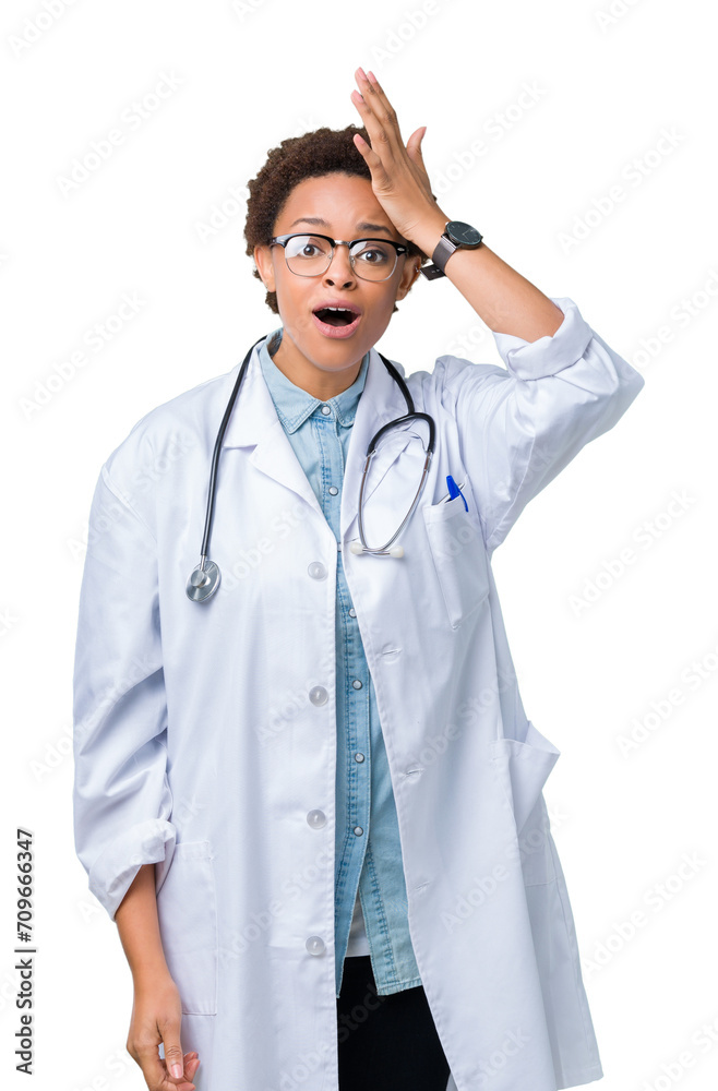 Young african american doctor woman wearing medical coat over isolated background surprised with hand on head for mistake, remember error. Forgot, bad memory concept. Young african american doctor woman wearing medical coat over isolated background surprised with hand on head for mistake, remember error. Forgot, bad memory concept.