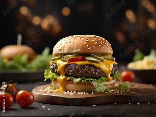 Delicious cheeseburger with beef patty, lettuce and tomato. Created using generative AI tools