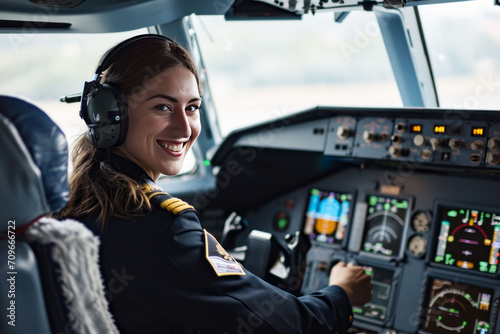 Portrait of a smiling female pilot in a cockpit of a passenger p