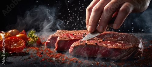 Closeup chef hands cooking meat steak beef and adding seasoning in freeze smoke motion. Generate AI
