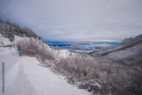 Winter snowfall in Collada De Bracons and Puigsacalm peak, La Garrotxa, Girona, Spain photo