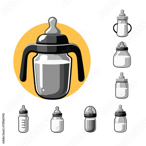 Child Feed Dairy Product. Bottles for feeding baby milk with nipple