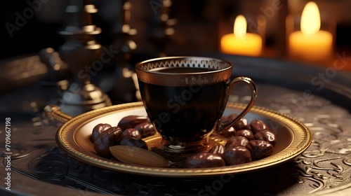 Cup of coffee with chocolate candies on dark background. Selective focus