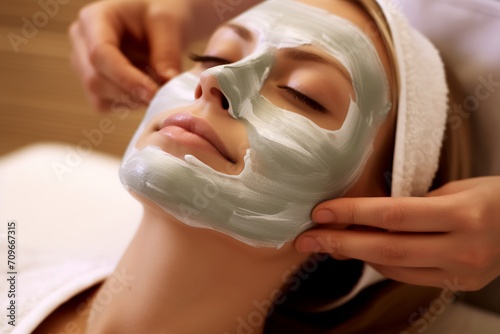 The beautiful woman is getting a facial mask