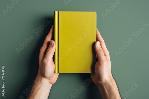 Yellow book cover mockup in hands photo