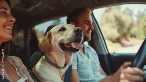 A couple sitting in a car with their loyal dog by their side. Perfect for travel, road trip, or pet-related concepts