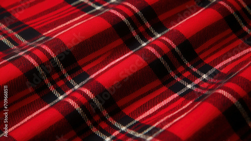Close-up of red and black plaid fabric, displaying the classic pattern associated with warmth and fashion.