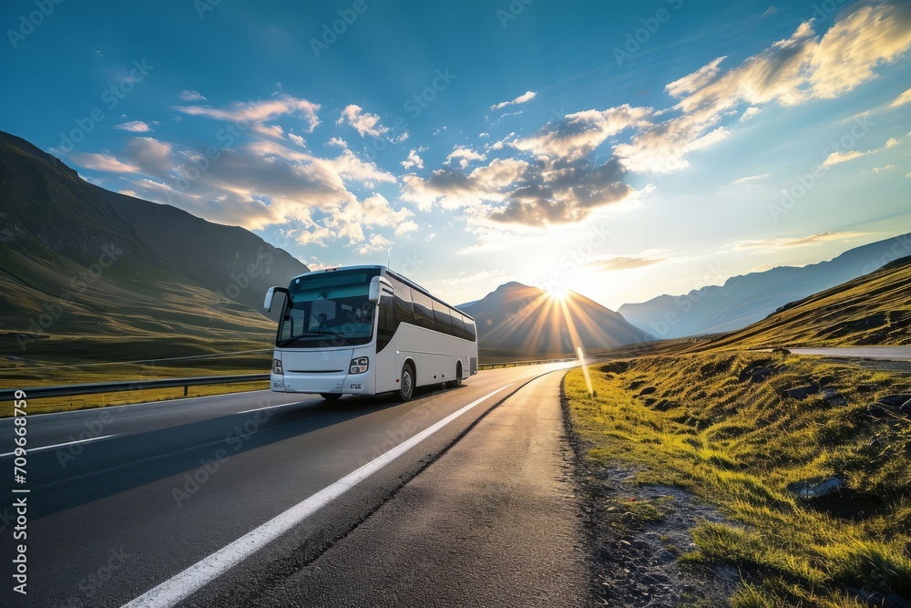 White travel bus on a beautiful highway. AI generated