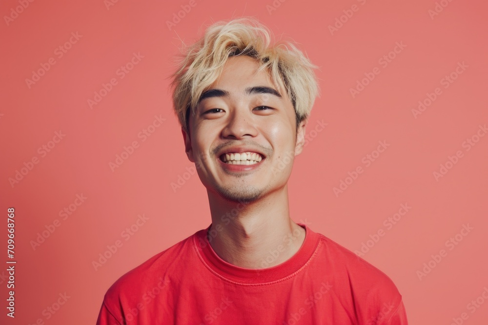 A man wearing a red shirt smiles directly at the camera. Suitable for various uses
