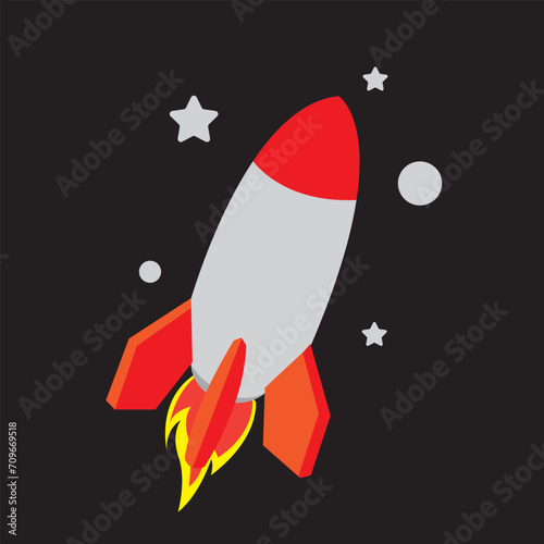 Space rocket flying in the starry space dark sky.