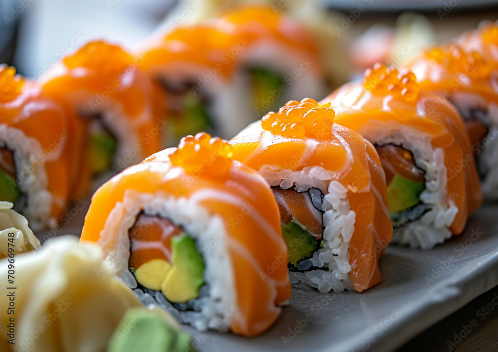 Sushi rolls arranged on a plate, a macro perspective with soft, natural lighting. Sushi rolls arranged on a plate, a macro perspective with soft, natural lighting.