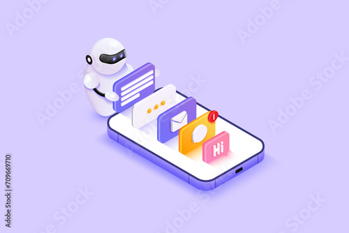 3d render of Cute white artificial intelligence bot standing over purple background with speech bubbles and smartphone. Concept of AI and machine learning. 3d Vector Illistration