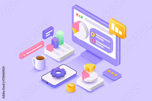 3D SEO Optimization, web analytics and seo marketing cncept. 3d Vector illustration