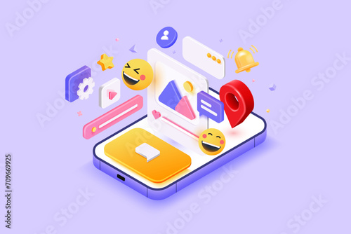 3D Social media concept on smartphone with show photo frame and chat, like, comment, location, etc. Isometric, Digital marketing platform cartoon minimal style. 3d vector illustration