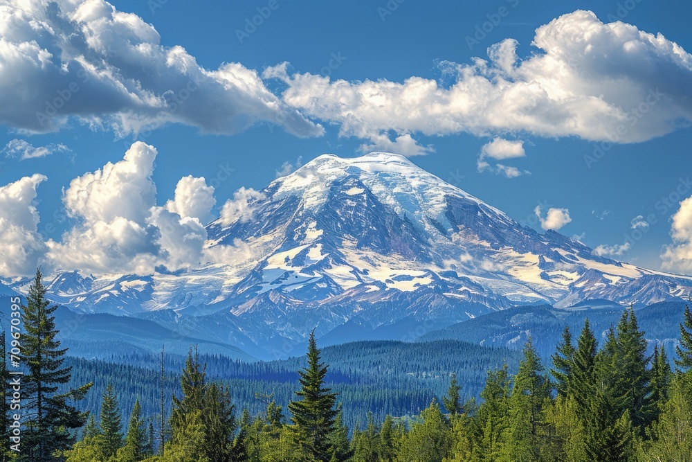 Fototapeta premium A picturesque mountain covered in a blanket of snow, surrounded by tall trees. Perfect for winter-themed projects or nature-inspired designs