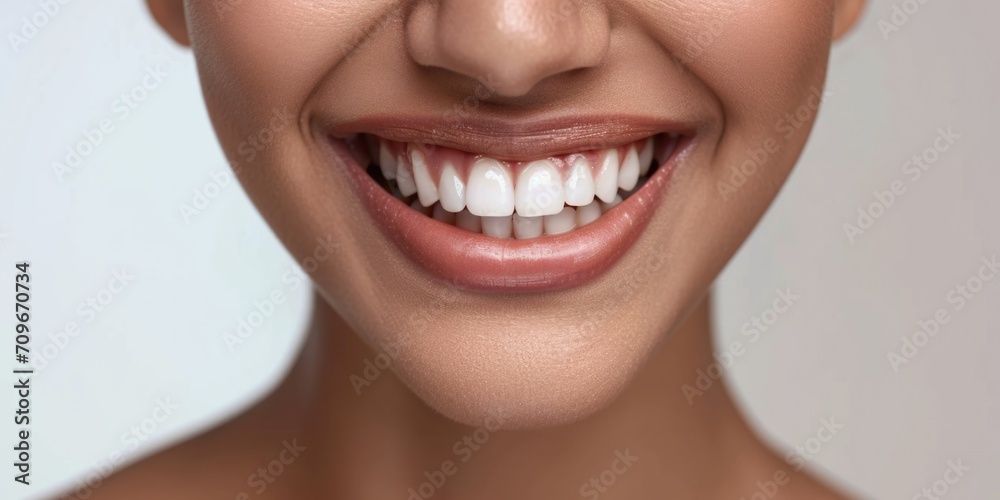 Fototapeta premium A close-up shot capturing the beautiful smile of a woman with white, healthy teeth. Perfect for dental care promotions or advertisements