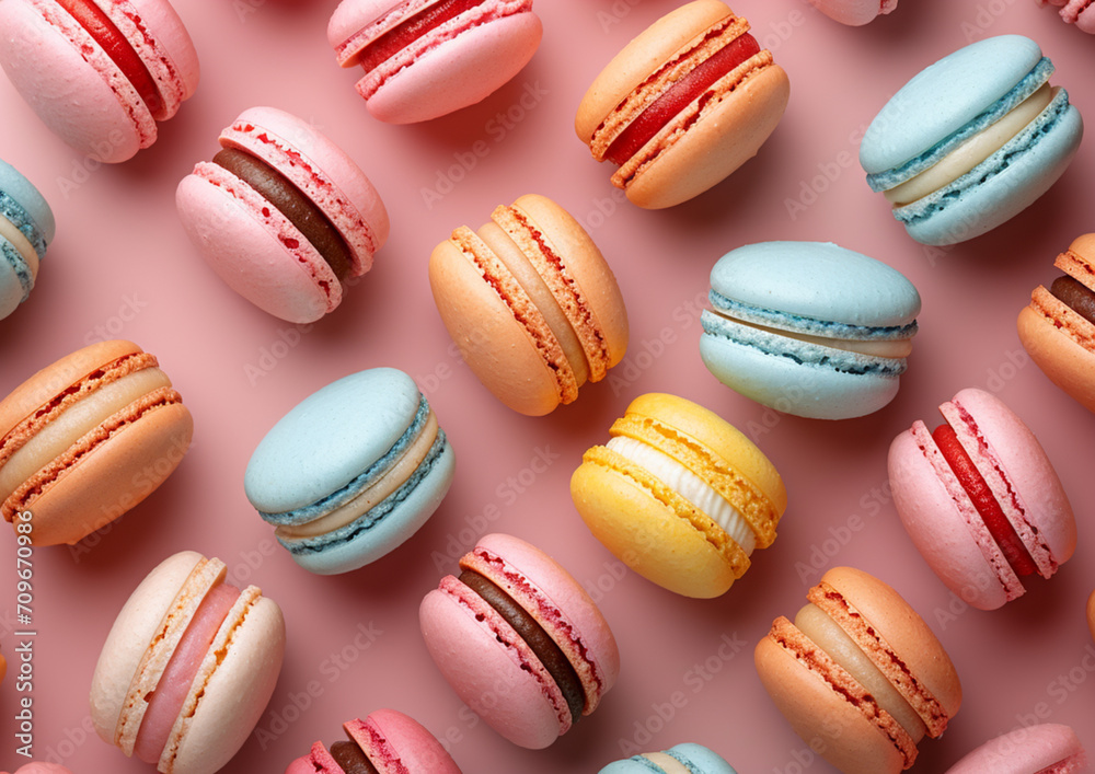 An overhead shot of a colorful array of macarons with delicate textures and vibrant hues. An overhead shot of a colorful array of macarons with delicate textures and vibrant hues.