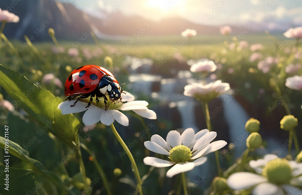 Obraz premium Beautiful flower vistas come alive as ladybugs gracefully navigate through the petals, contributing to the idyllic allure of the scene.
