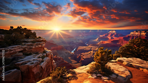 a canyon landscape with rugged terrain and towering cliffs, aglow with the colors of a radiant sunset, providing a dramatic and awe-inspiring HD view of nature