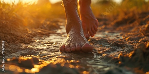 Person's feet in the water at sunset. Perfect for beach and relaxation themes