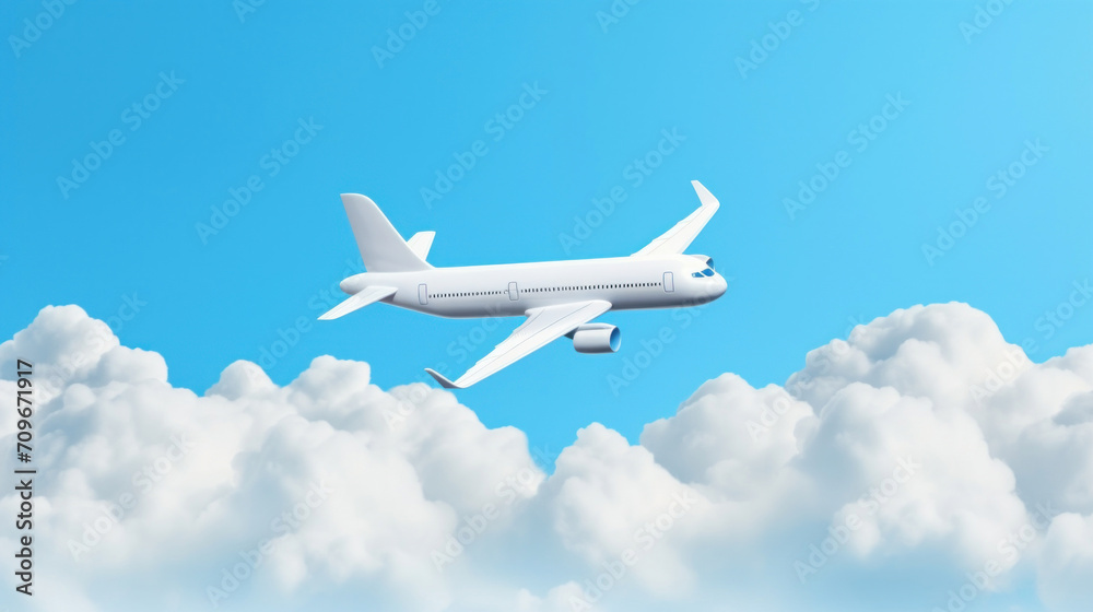 Obraz premium A serene view from an airplane window showing a white aircraft wing flying above fluffy clouds during sunrise or sunset.