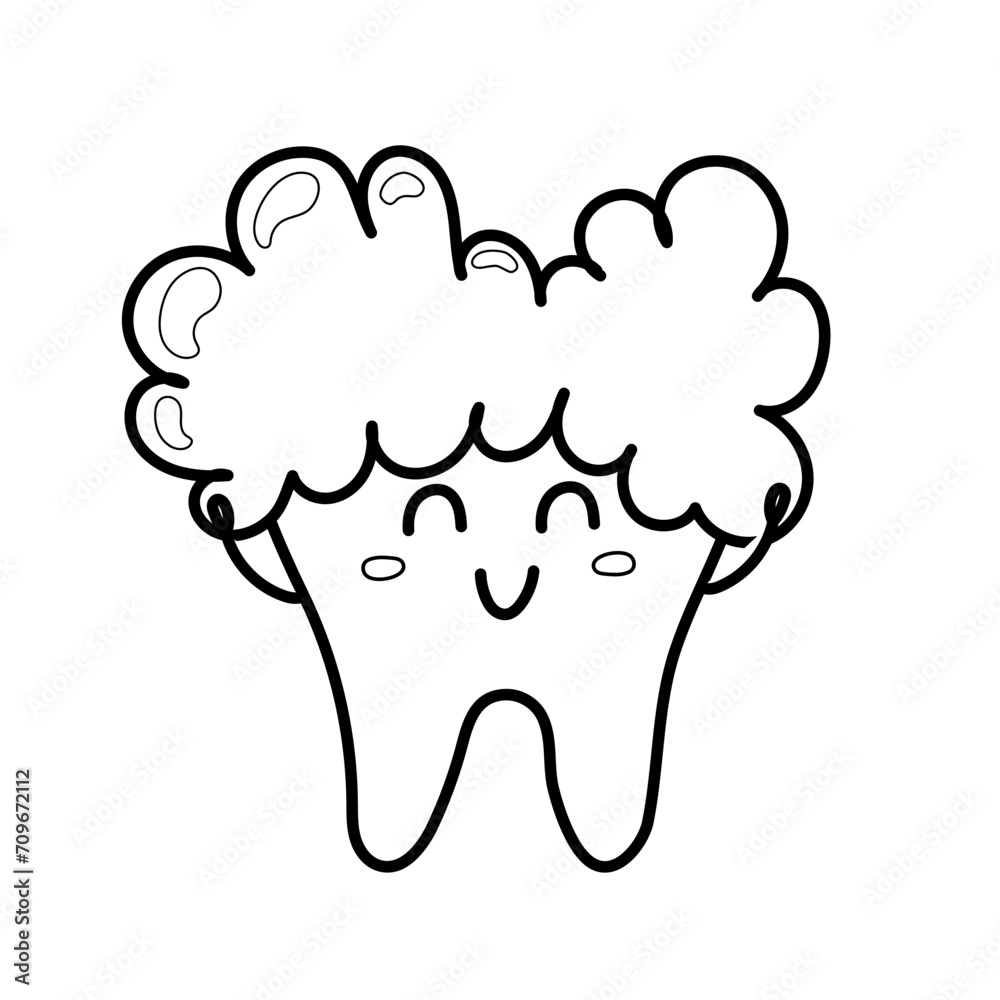 Happy tooth cleaning with toothpaste foam in black and white. Healthy dental character coloring page for kids. Vector illustration Happy tooth cleaning with toothpaste foam in black and white. Healthy dental character coloring page for kids. Vector illustration