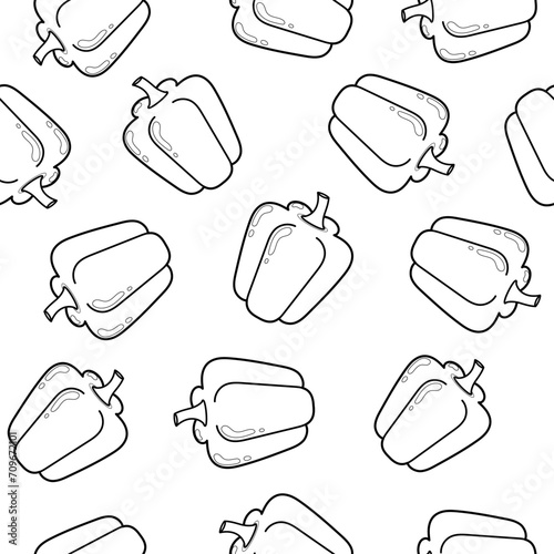 Black and white peppers seamless pattern. Healthy vegetable background in outline for coloring page. Organic food ingredient print. Vector illustration