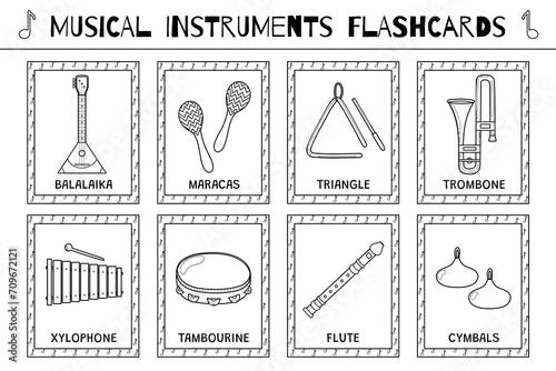 Musical instruments black and white flashcards collection. Flash cards collection for coloring in outline. Learning material for kids. Vector illustration