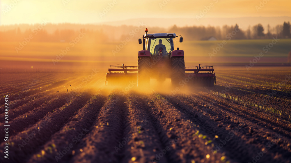 Early evening on the farm, a powerful tractor cultivating rows of earth, warm sunlight casting long shadows. Early evening on the farm, a powerful tractor cultivating rows of earth, warm sunlight casting long shadows.