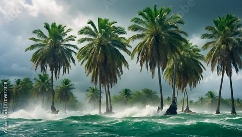 Strong wind tropical storm palm trees  ocean shore