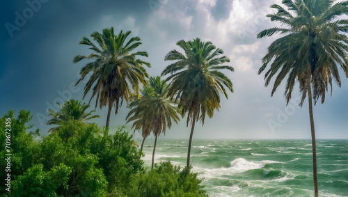 Strong wind tropical storm palm trees  ocean shore