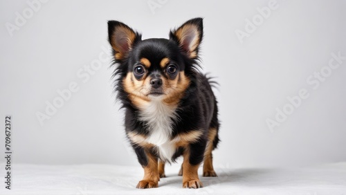 Black and tan long coat chihuahua dog on grey background © QuoDesign