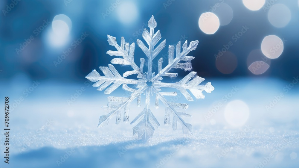 One large white snowflake on the snow on blue blurred background of the side. A place for the text. New Year's background. A Christmas card. One large white snowflake on the snow on blue blurred background of the side. A place for the text. New Year's background. A Christmas card.