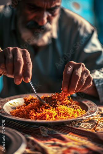 Generative AI illustration of elderly bearded man enjoying a plate of biryani during Ramadan with a focus on his hands as he mixes the rice photo