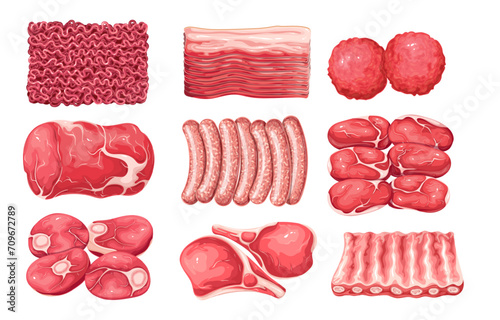 Raw meat set vector illustration. Cartoon isolated butchers shop or farmers market assortment collection with variety of meat products, ground beef and pork, assorted steaks, ribs and sausages