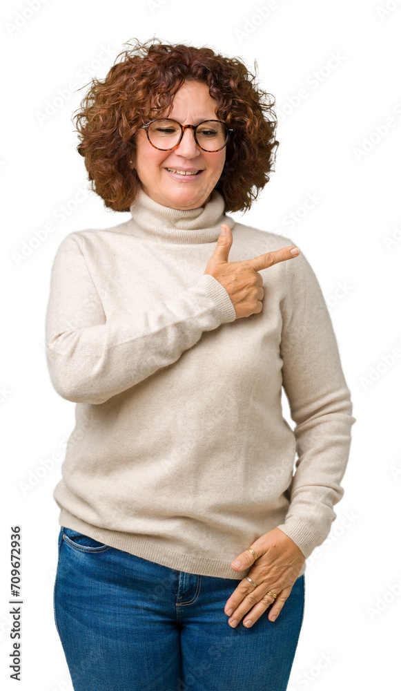 Beautiful middle ager senior woman wearing turtleneck sweater and glasses over isolated background cheerful with a smile of face pointing with hand and finger up to the side with happy and natural Beautiful middle ager senior woman wearing turtleneck sweater and glasses over isolated background cheerful with a smile of face pointing with hand and finger up to the side with happy and natural