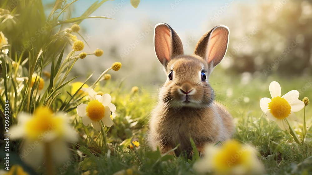 a cheerful Easter bunny sitting on a bed of grass with daffodils, creating a bright and sunny image for a delightful Easter card, portrayed in realistic HD detail
