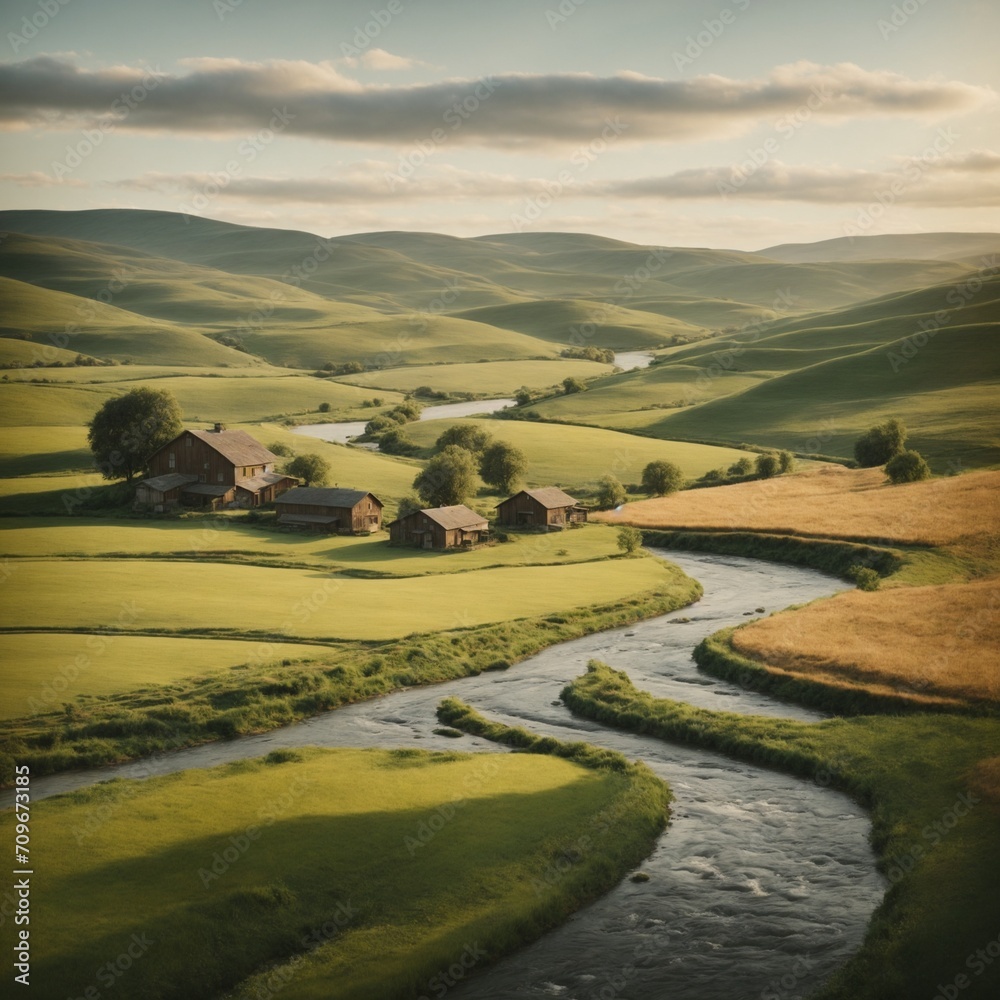 an idyllic countryside scene with rolling hills, a rustic farmhouse, and a meandering river