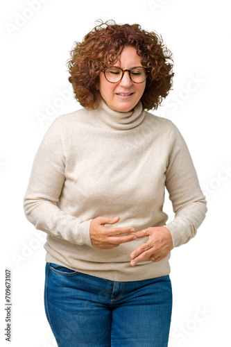 Beautiful middle ager senior woman wearing turtleneck sweater and glasses over isolated background Smiling and laughing hard out loud because funny crazy joke. Happy expression.